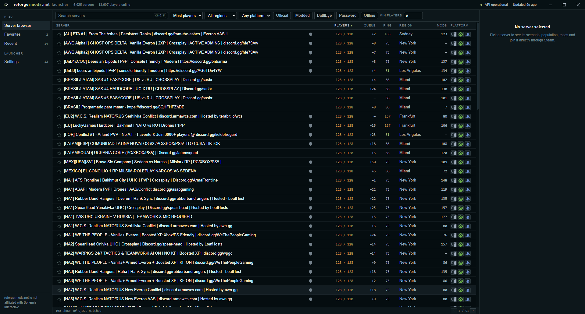 Launcher server browser with search and filters