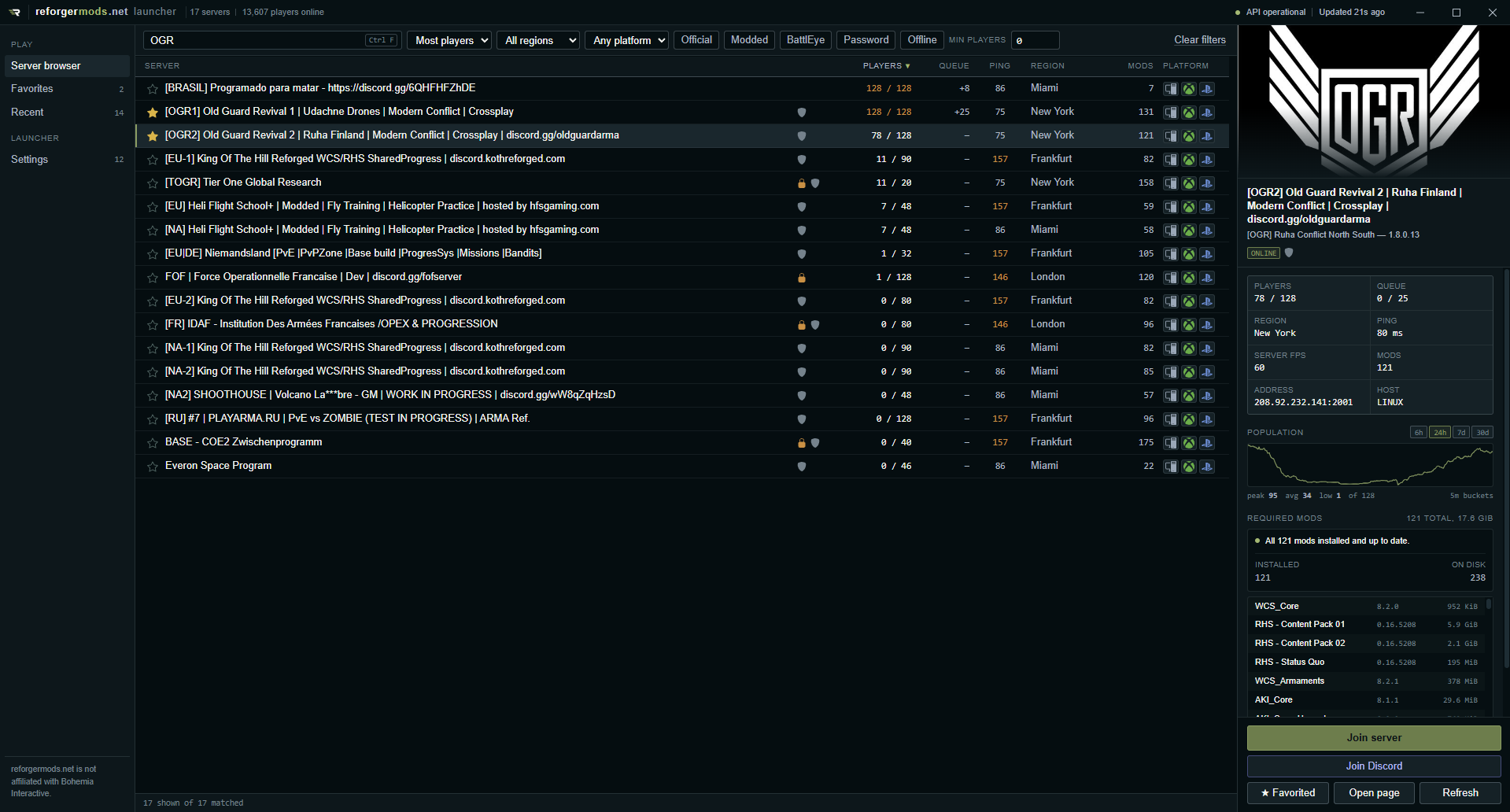 Launcher server detail view showing population, required mods and join controls